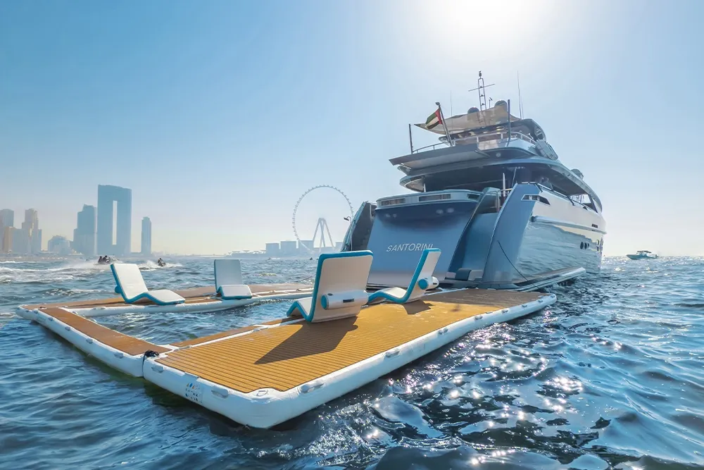 Santorini yacht rental with inflatable pool